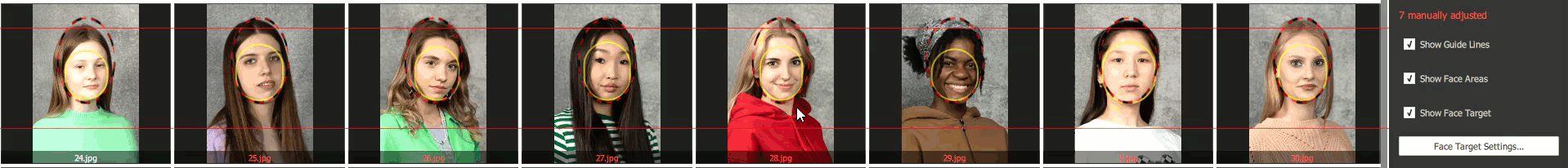 Eight women face forwards with rectangular and circular face-detection overlays applied. Sidebar options, including toggles for show face, show face area, and more, appear on the right. Red text at the top says, 7 results detected..
