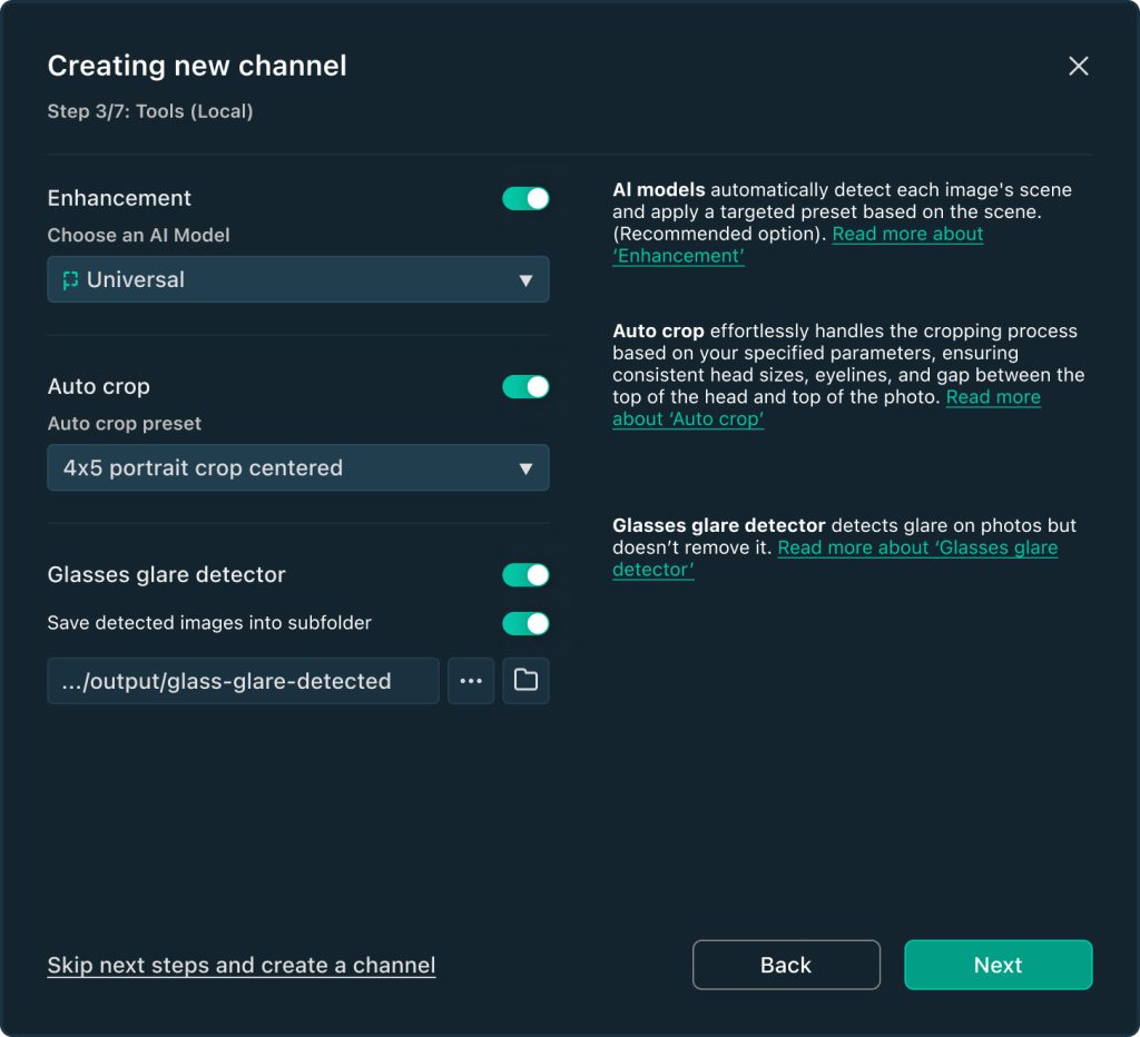 A software interface for creating a new channel in QuickServer, showing options for enhancement, auto crop, and glasses glare detection, with toggles and drop-down menus. A green Next button is at the bottom right.