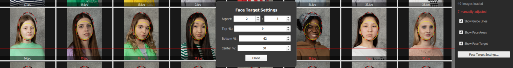 A grid of portrait photos displays faces aligned within red boxes. At the centre, a Face Target Settings panel shows adjustable numeric fields. On the right are options for image settings.