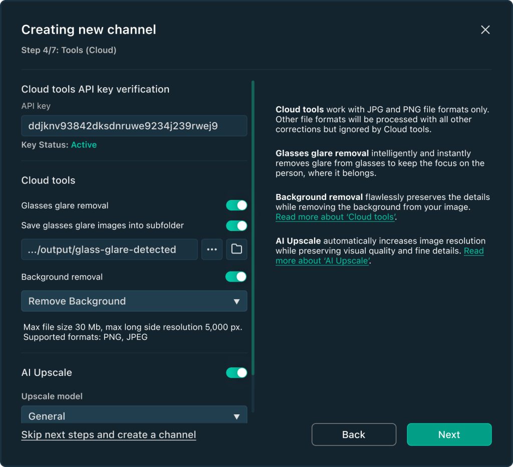 A screenshot of a Creating new channel interface showing cloud tools settings for glare and background removal, API key, output folder, and AI Upscale options within QuickServer. Next and Skip next steps and create a channel buttons are at the bottom.