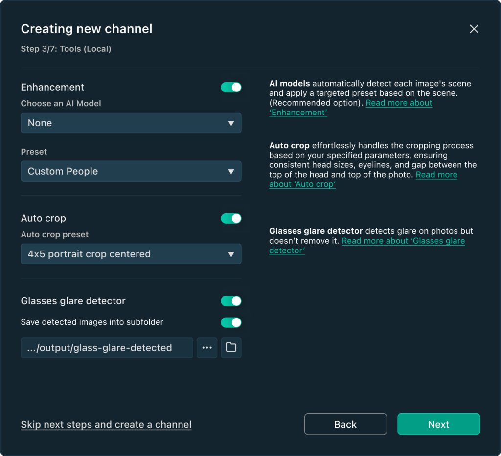 Screenshot of a Create new channel dialogue with options for AI model, auto crop, and glare detection—seamlessly integrating QuickServer capabilities. Various toggles and drop-down menus are shown, with a green Next button at the bottom right.